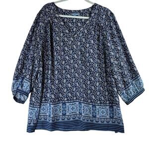 Fleur Bleue Popover Tunic Top Womens 3X Blue V Neck Blouse 3/4 Sleeve Floral AOP